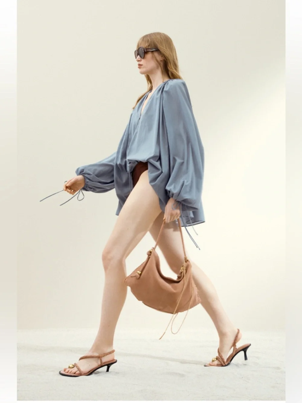 H&M NWT!! Light Blue Lightweight Tie-Front Peasant Oversized Loose Fit Blouse ML - Picture 7 of 16